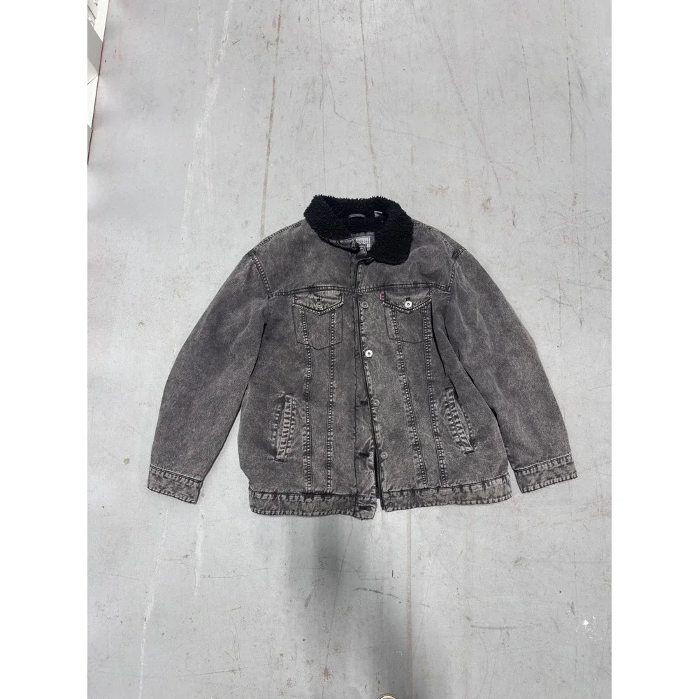 Levis Mens Sherpa Trucker Jacket Black Acid Wash Denim Type III Full Zip XL